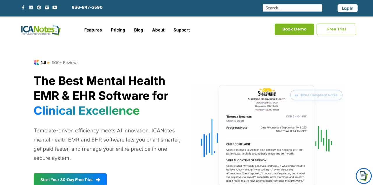 ICANotes mental health EHR homepage