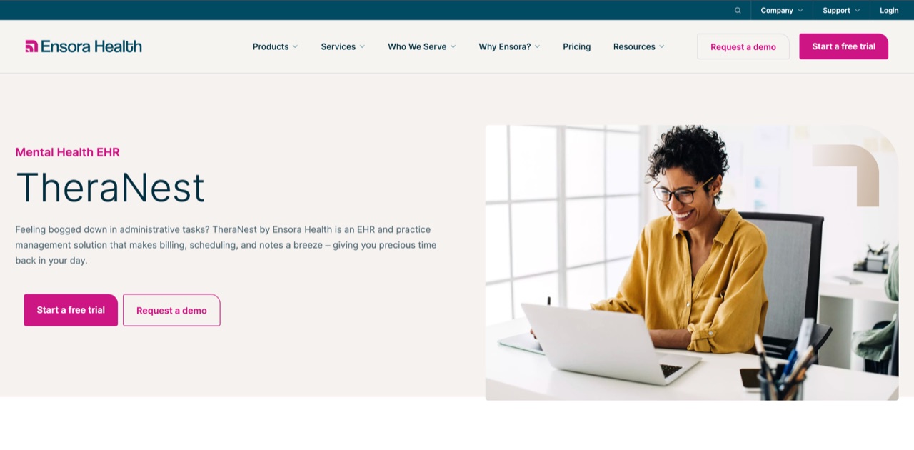 TheraNest by Ensora Health mental health EHR homepage