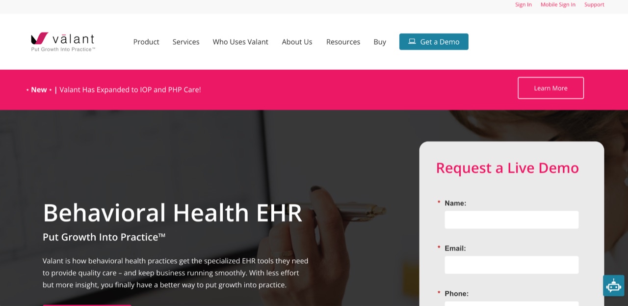 Valant behavioral health EHR homepage