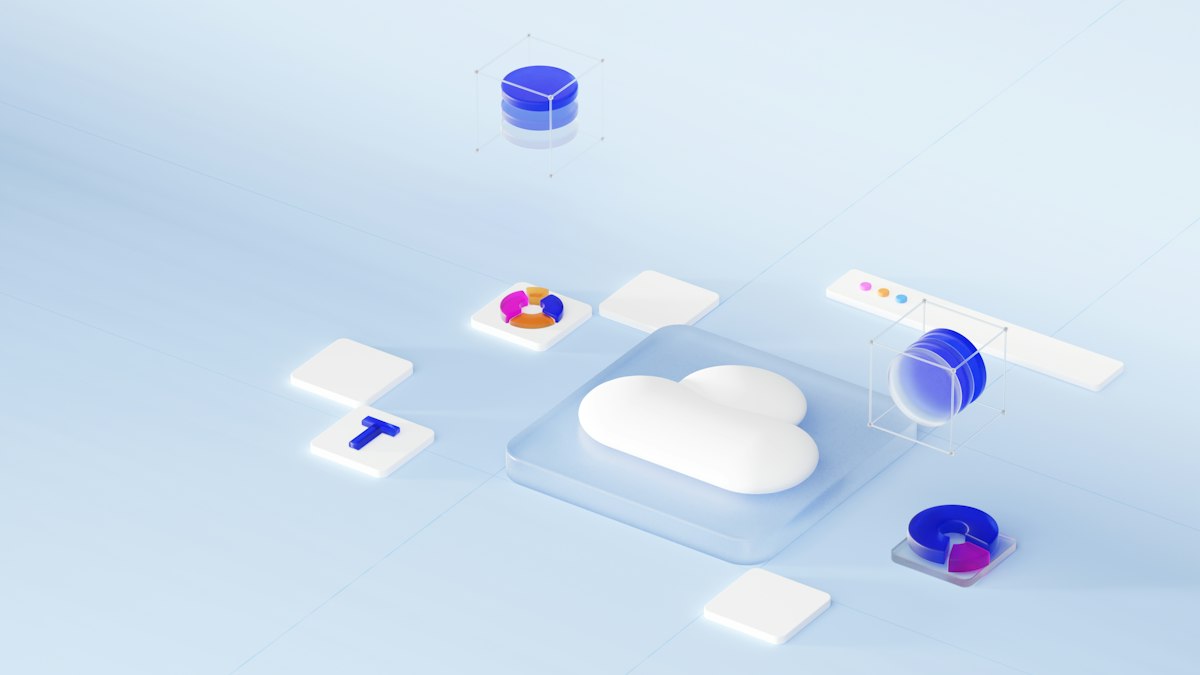 Cloud icon on a glass tile surrounded by floating data charts
